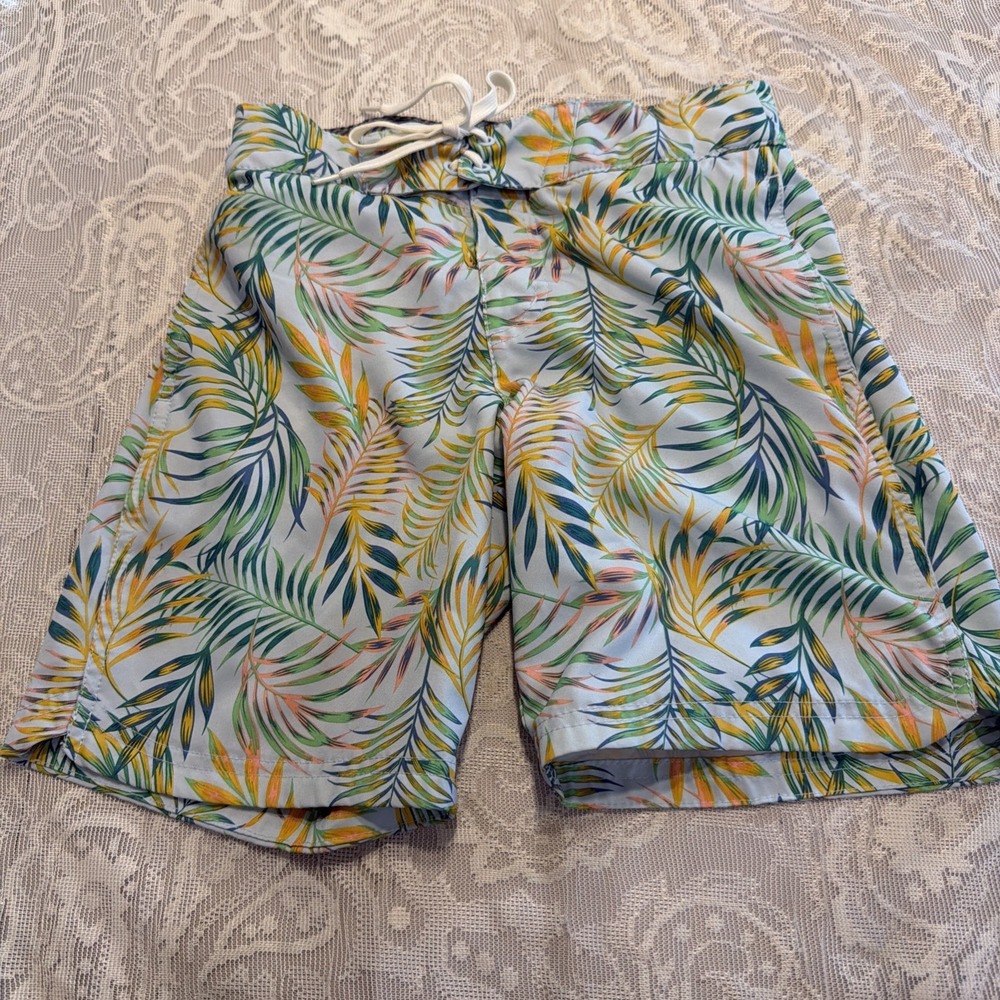 Art Class Boys Swim Trunks L (10) Neon Mint Green Blue Yellow Palm Leaves